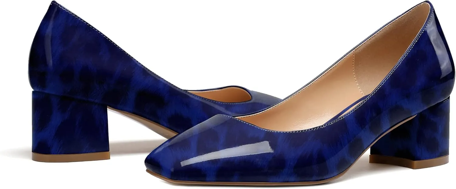 Eldof Women's Square Toe Mid Chunky Block Heel 2 Inch Pumps Slip On Elegant Block Heel Dress Shoes