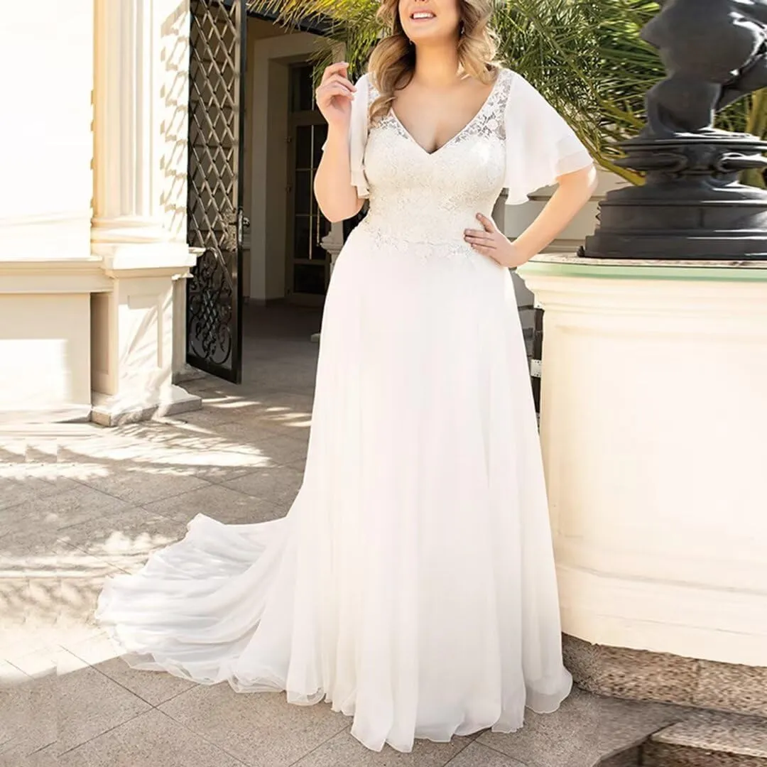 Elegant A Line Plus Size Wedding Dress for Women with Lace Applique Tulle Bridal Gown