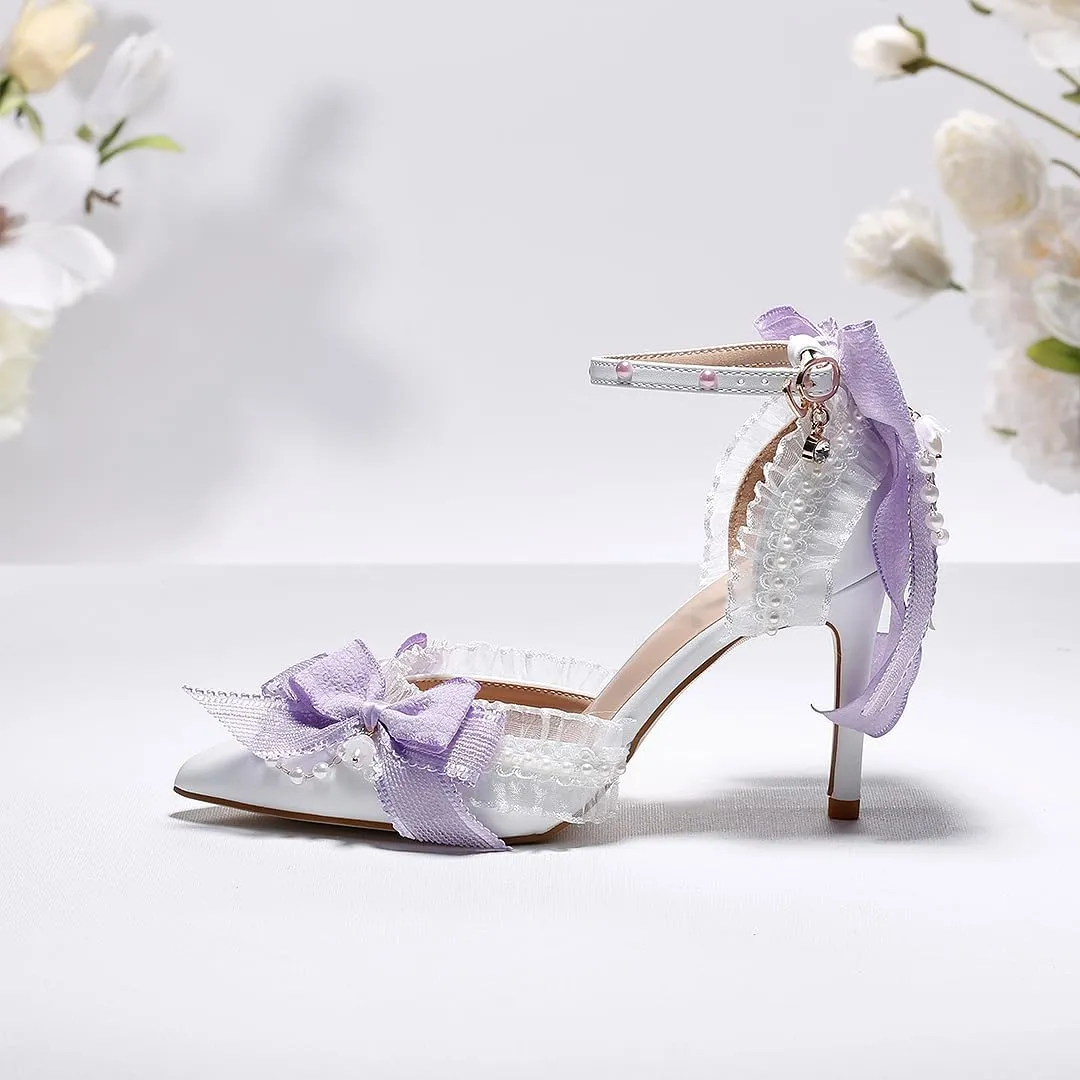 Elegant Bridal Heels with Blue Bow, White Pointed Toe, Ankle Strap, Pearl Details, High Stiletto