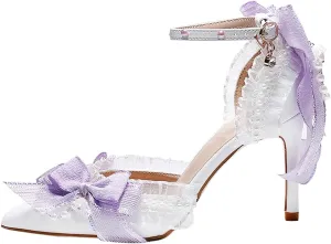 Elegant Bridal Heels with Blue Bow, White Pointed Toe, Ankle Strap, Pearl Details, High Stiletto