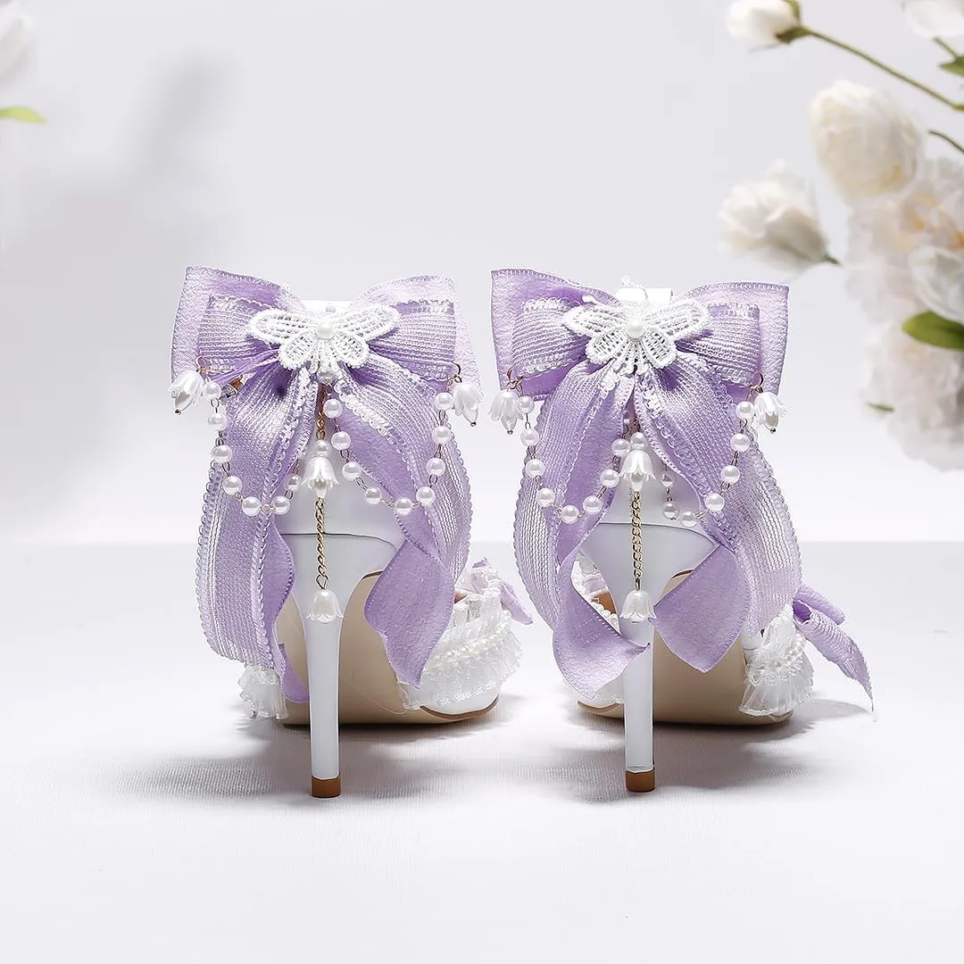 Elegant Bridal Heels with Blue Bow, White Pointed Toe, Ankle Strap, Pearl Details, High Stiletto