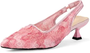 Elegant Lace Kitten Heels for Women - Black Slingback Pointed Toe Floral Mesh Dress Shoes - Low Heel Formal Wedding Guest Party Sandals