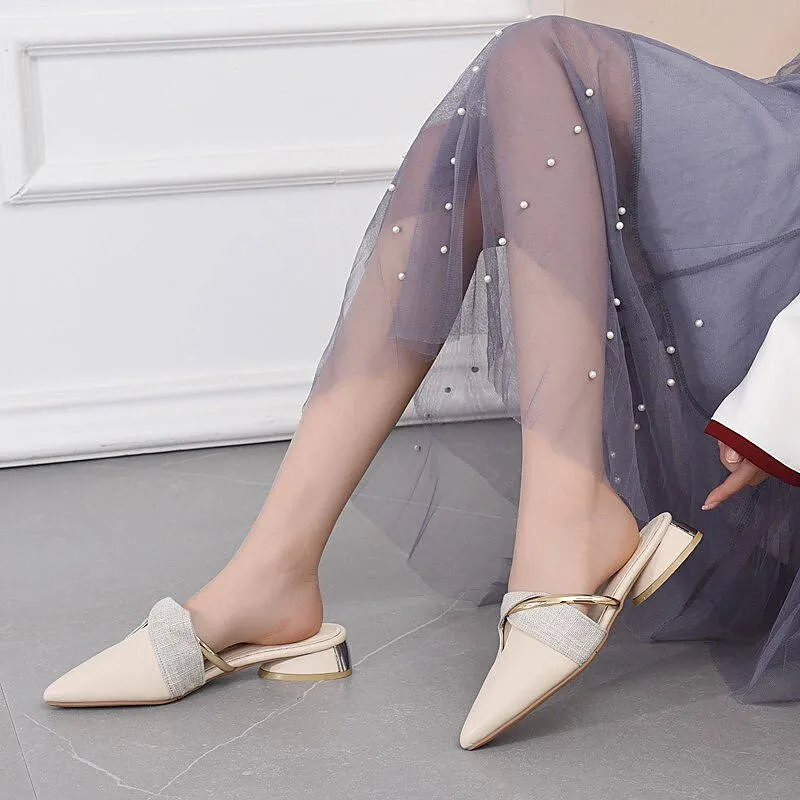 Elegant Low Heel Women Mules Office Shoes Beige Pumps