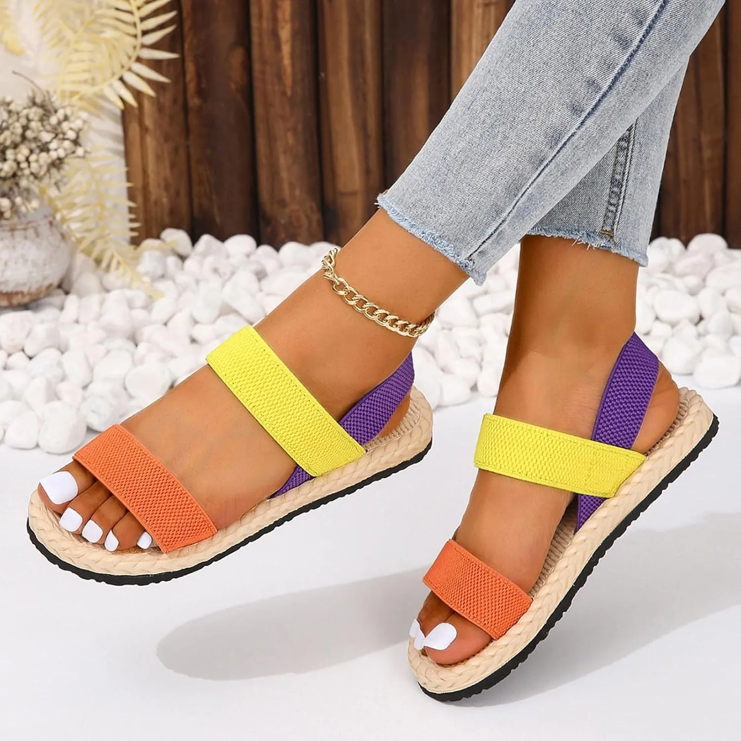 Elegant Sandals for Women Open Toe Flat Sandals Lightweight Comfortable Elastic Strap Quilted Sandals for Women