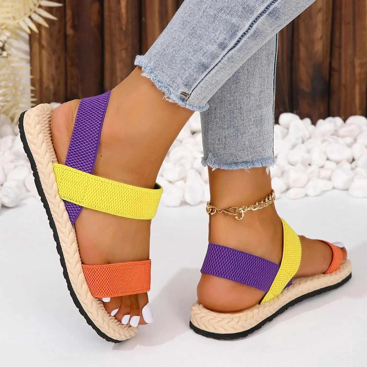 Elegant Sandals for Women Open Toe Flat Sandals Lightweight Comfortable Elastic Strap Quilted Sandals for Women