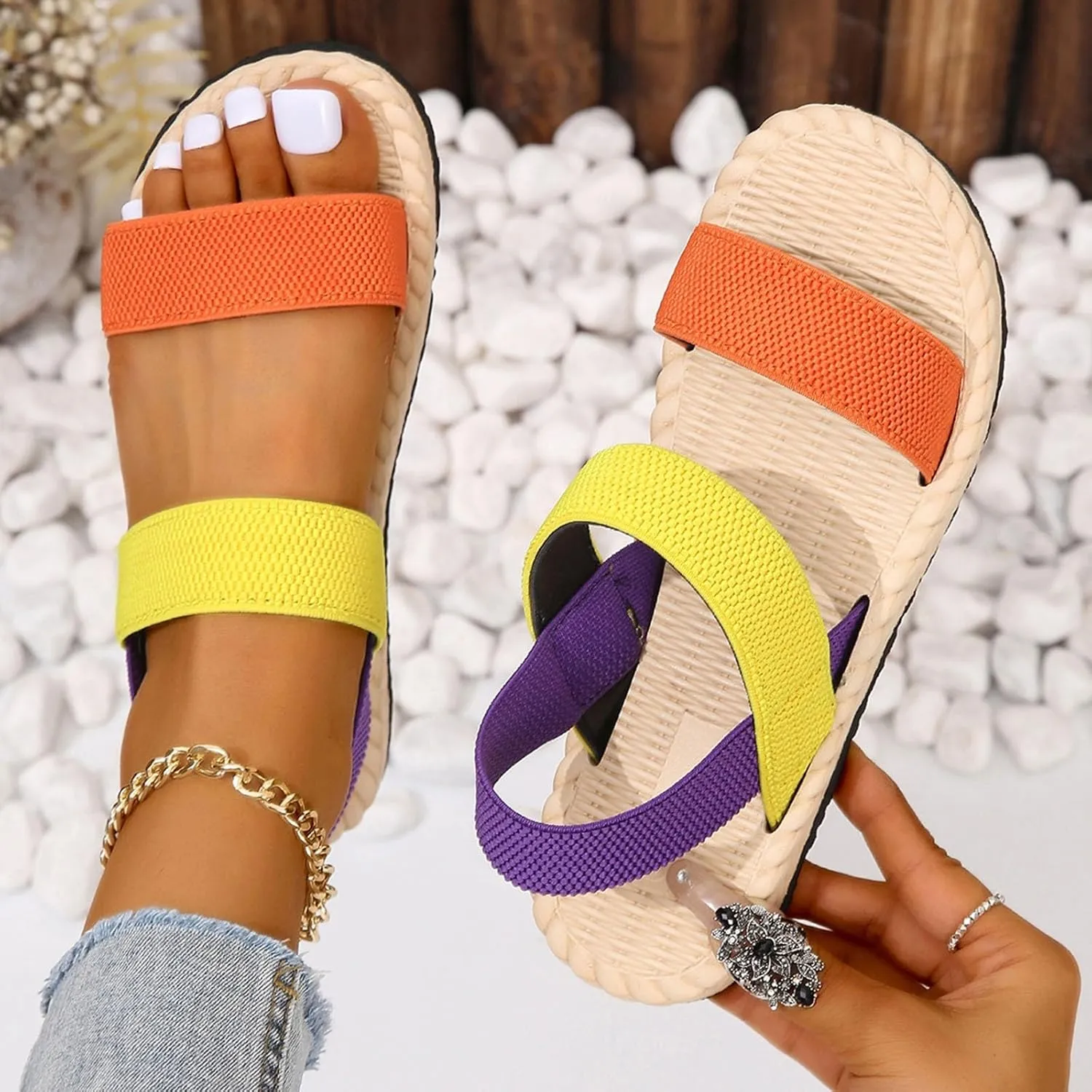 Elegant Sandals for Women Open Toe Flat Sandals Lightweight Comfortable Elastic Strap Quilted Sandals for Women