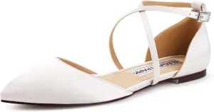 ELEGANTPARK FC2322 Comfortable Wedding Flats Pointed Toe Flats for Women Ankle Straps Satin Shoes for Women Dressy Low Heel Ivory US 11