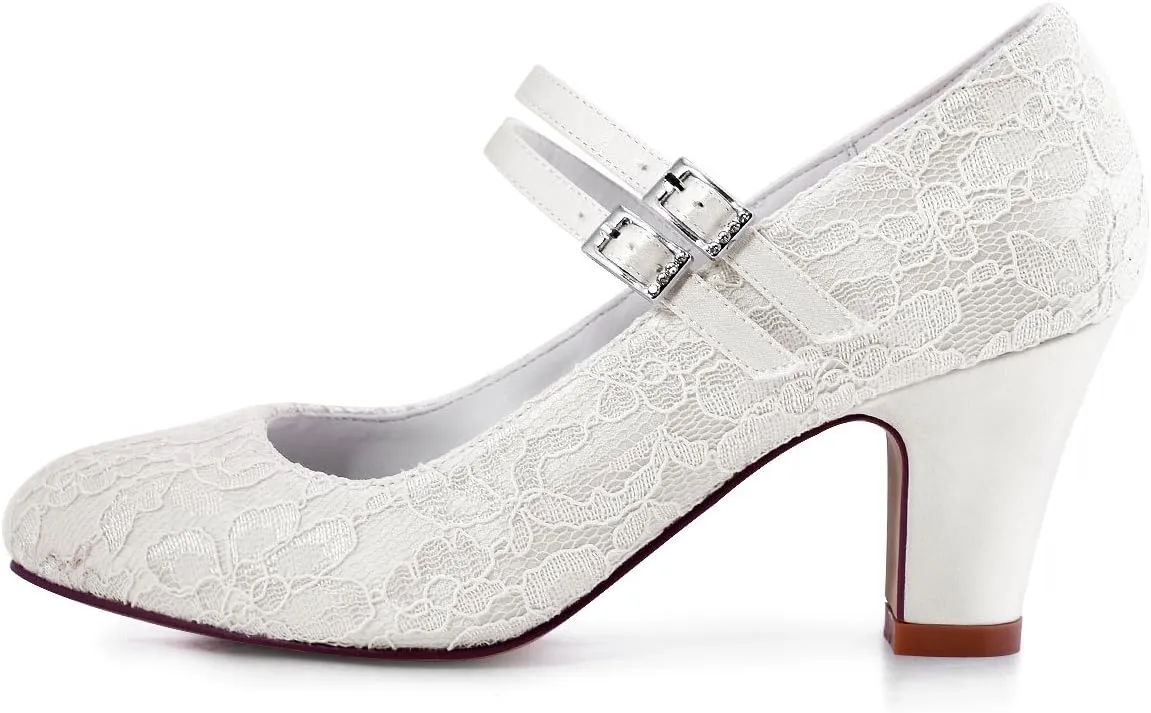 ELEGANTPARK Wedding Shoes for Bride Closed Toe Mary Jane Shoes Bridal Heels Block Heel Pumps Evening Prom Lace