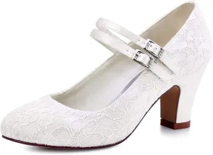 ELEGANTPARK Wedding Shoes for Bride Closed Toe Mary Jane Shoes Bridal Heels Block Heel Pumps Evening Prom Lace