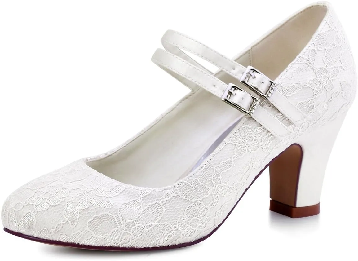 ELEGANTPARK Wedding Shoes for Bride Closed Toe Mary Jane Shoes Bridal Heels Block Heel Pumps Evening Prom Lace
