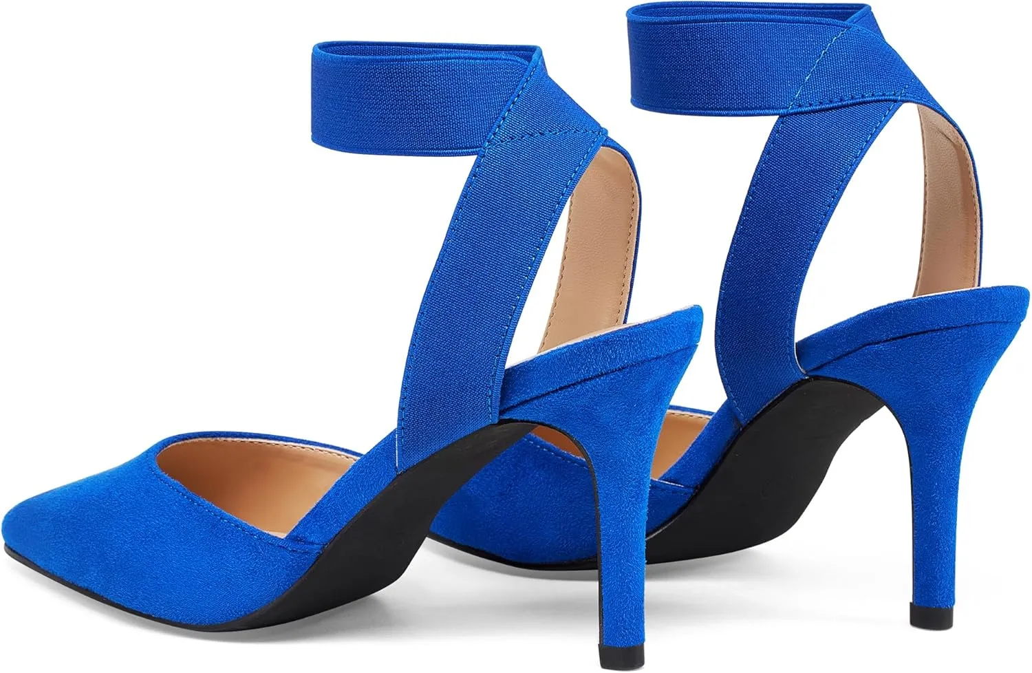 Elisabet Tang 3IN Elastic Bungee Ankle Strap Closed Toe Pumps for Women Suede Pointed Crossing Strappy Mid Heel Stiletto Pumps Sexy