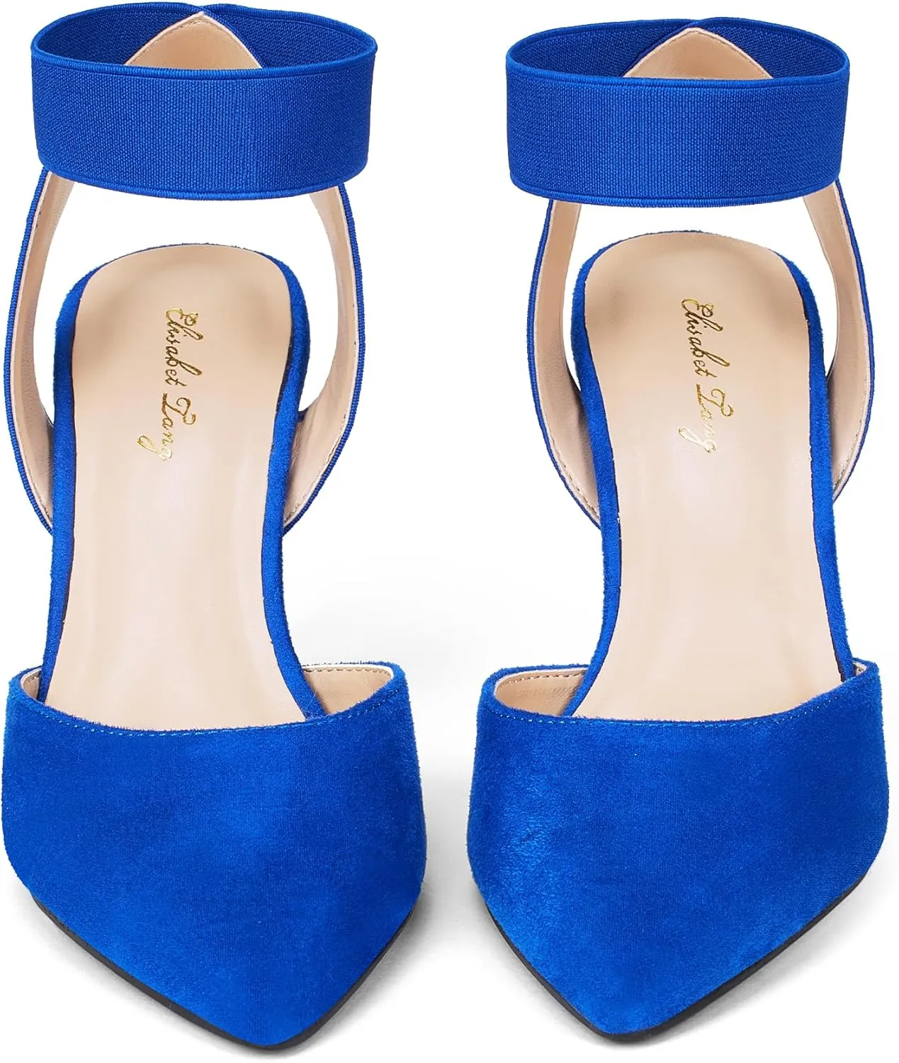 Elisabet Tang 3IN Elastic Bungee Ankle Strap Closed Toe Pumps for Women Suede Pointed Crossing Strappy Mid Heel Stiletto Pumps Sexy