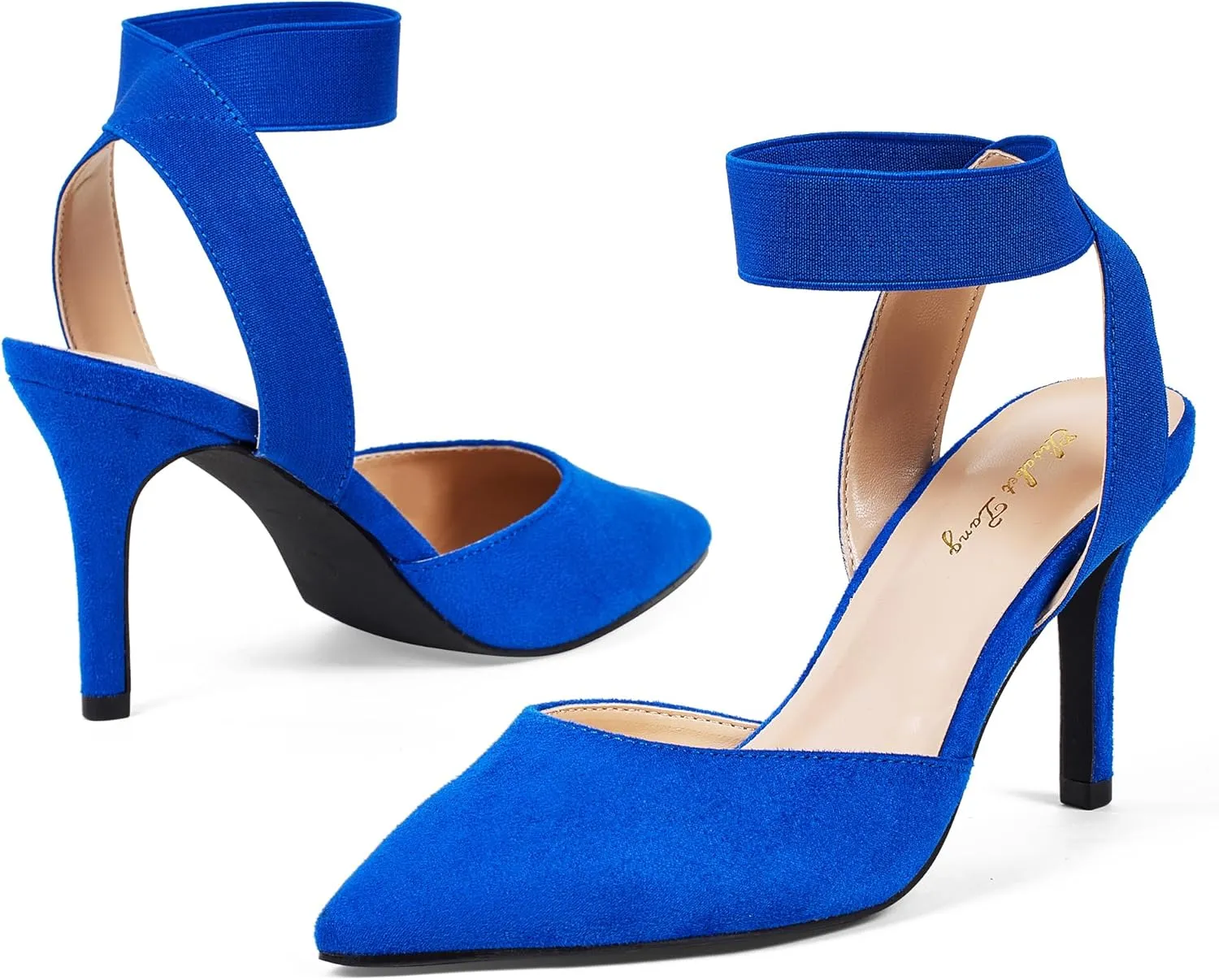 Elisabet Tang 3IN Elastic Bungee Ankle Strap Closed Toe Pumps for Women Suede Pointed Crossing Strappy Mid Heel Stiletto Pumps Sexy