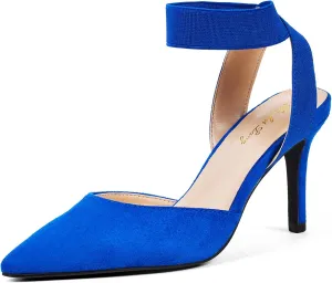 Elisabet Tang 3IN Elastic Bungee Ankle Strap Closed Toe Pumps for Women Suede Pointed Crossing Strappy Mid Heel Stiletto Pumps Sexy