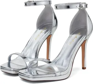 Elisabet Tang Women's 4.3 Inch Platform High Heeled Sandals Strappy Stiletto Open Square Toe Heel with Ankle Strap at Wedding Party Prom Work Dating