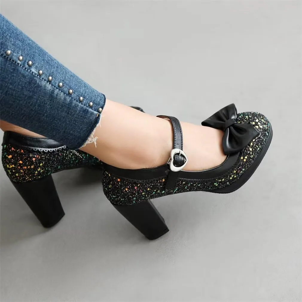 Elyffany Woman Fashion High Heeled Mary Jane Shoes Sparkly Sequins Glitter Bow Pumps