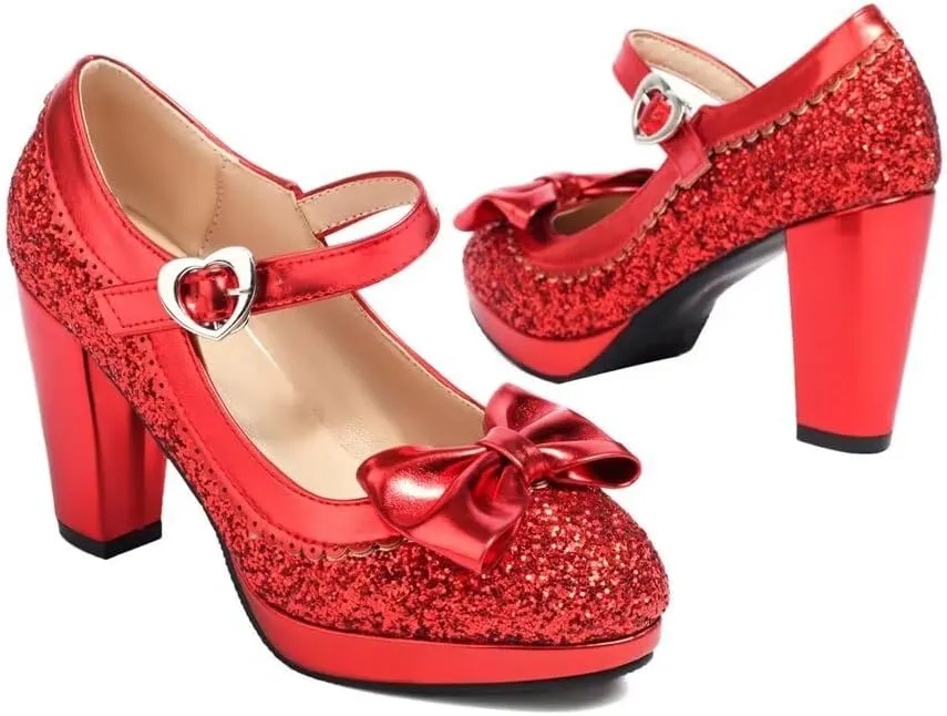Elyffany Woman Fashion High Heeled Mary Jane Shoes Sparkly Sequins Glitter Bow Pumps
