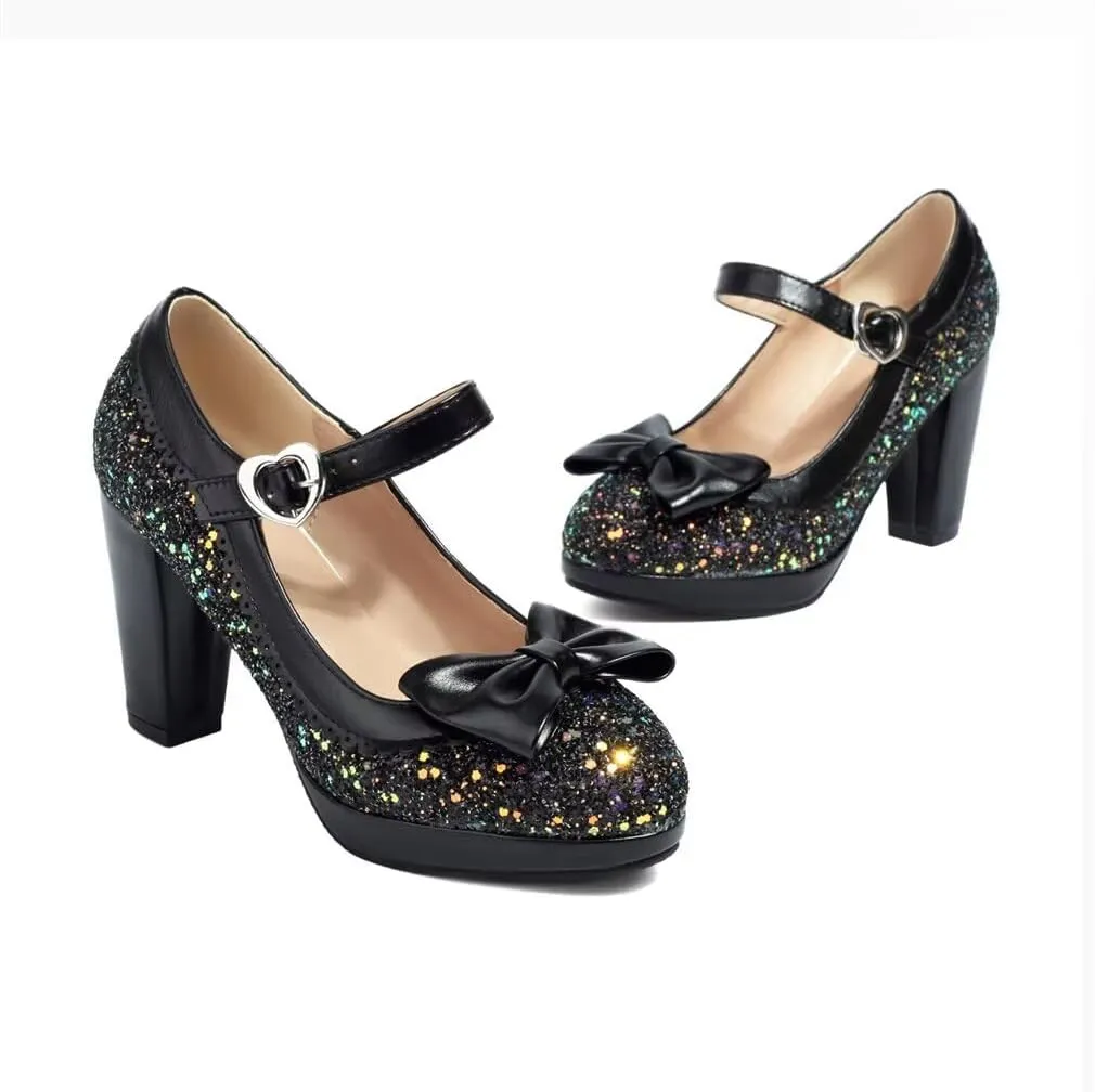 Elyffany Woman Fashion High Heeled Mary Jane Shoes Sparkly Sequins Glitter Bow Pumps