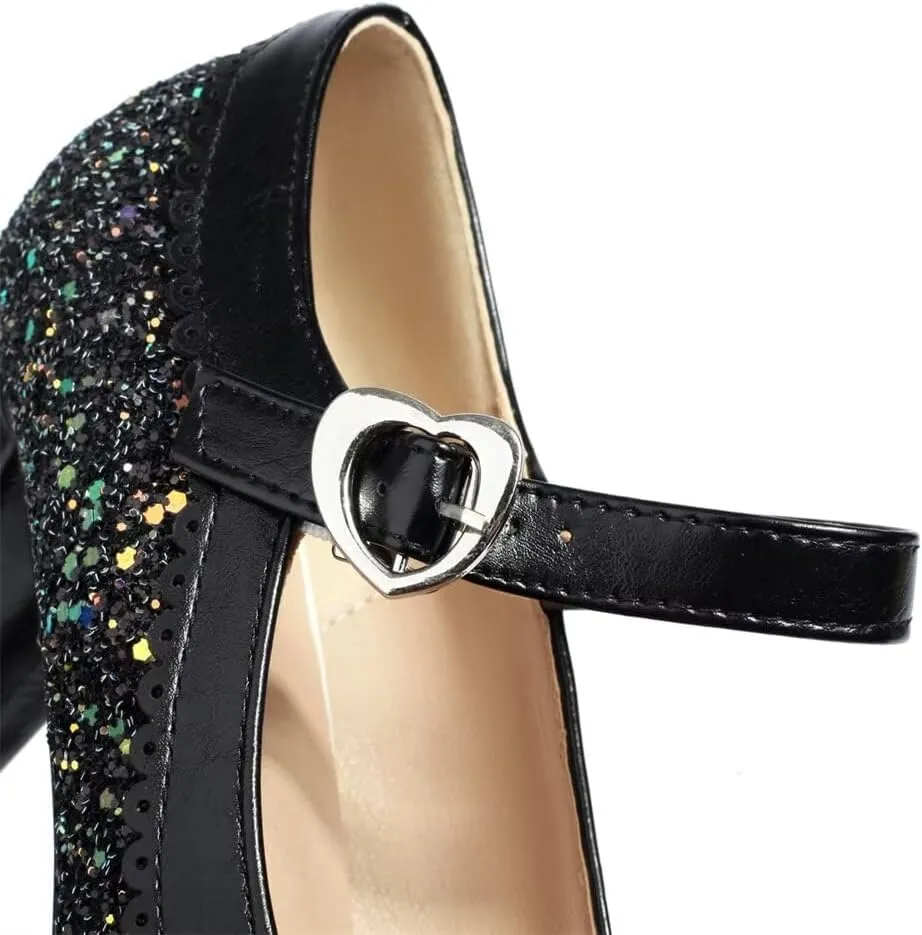 Elyffany Woman Fashion High Heeled Mary Jane Shoes Sparkly Sequins Glitter Bow Pumps