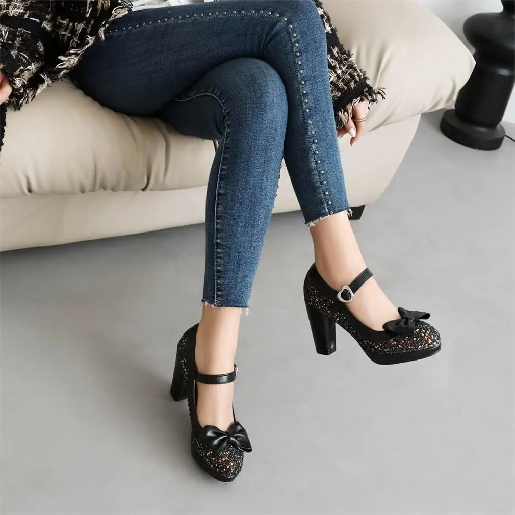Elyffany Woman Fashion High Heeled Mary Jane Shoes Sparkly Sequins Glitter Bow Pumps