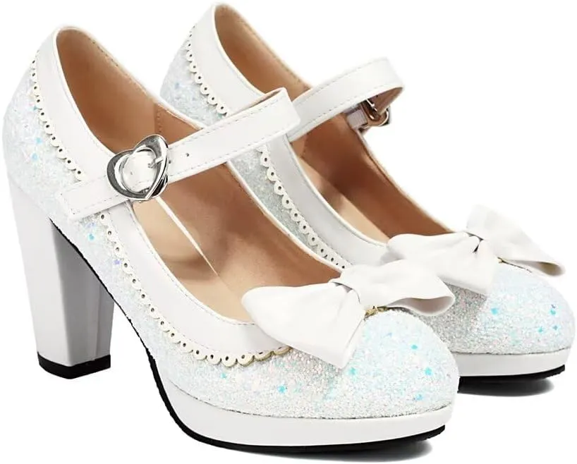 Elyffany Woman Fashion High Heeled Mary Jane Shoes Sparkly Sequins Glitter Bow Pumps