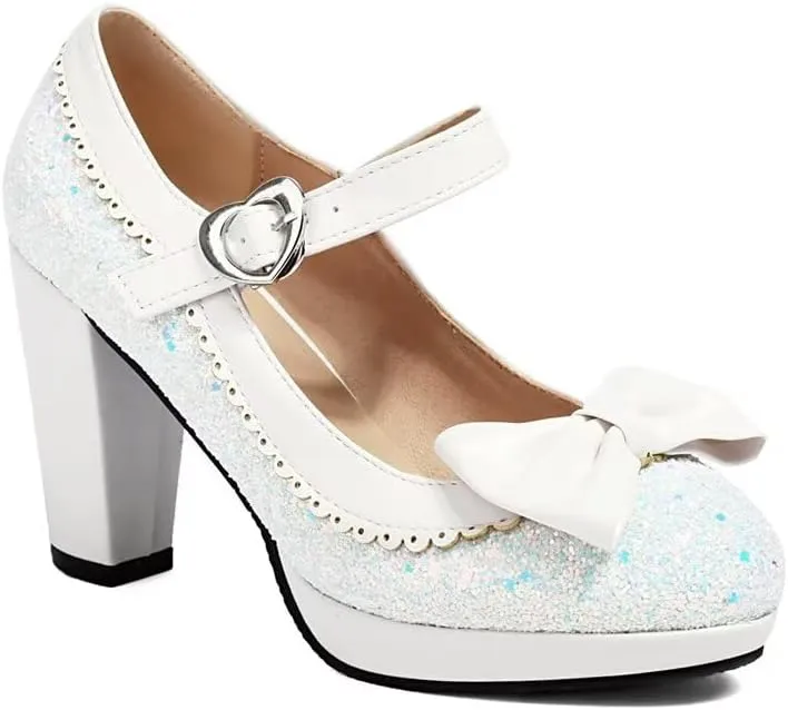 Elyffany Woman Fashion High Heeled Mary Jane Shoes Sparkly Sequins Glitter Bow Pumps