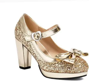 Elyffany Woman Fashion High Heeled Mary Jane Shoes Sparkly Sequins Glitter Bow Pumps