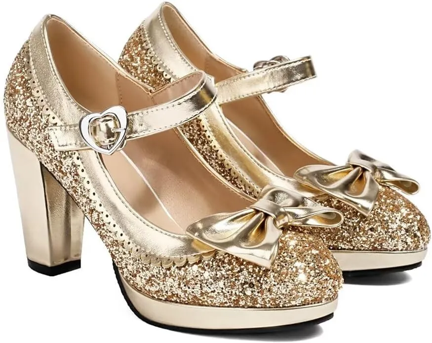 Elyffany Woman Fashion High Heeled Mary Jane Shoes Sparkly Sequins Glitter Bow Pumps