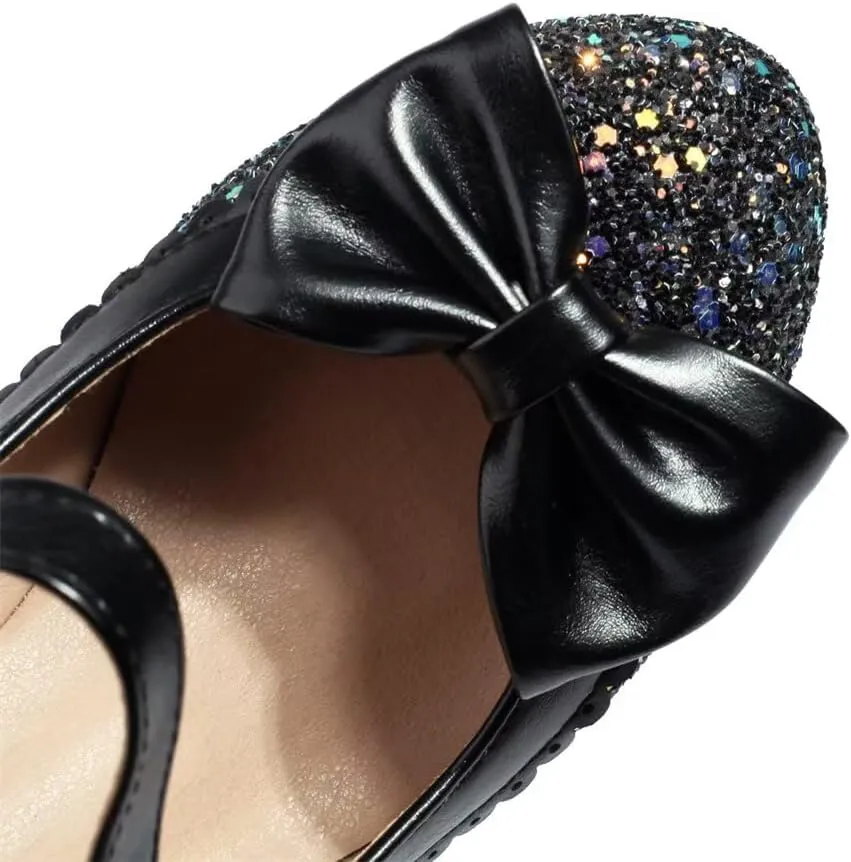 Elyffany Woman Fashion High Heeled Mary Jane Shoes Sparkly Sequins Glitter Bow Pumps
