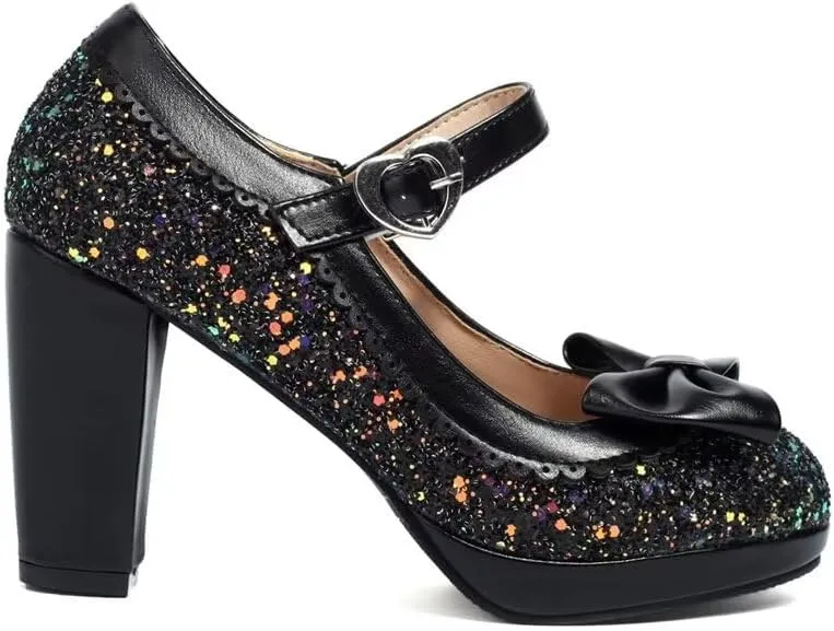 Elyffany Woman Fashion High Heeled Mary Jane Shoes Sparkly Sequins Glitter Bow Pumps