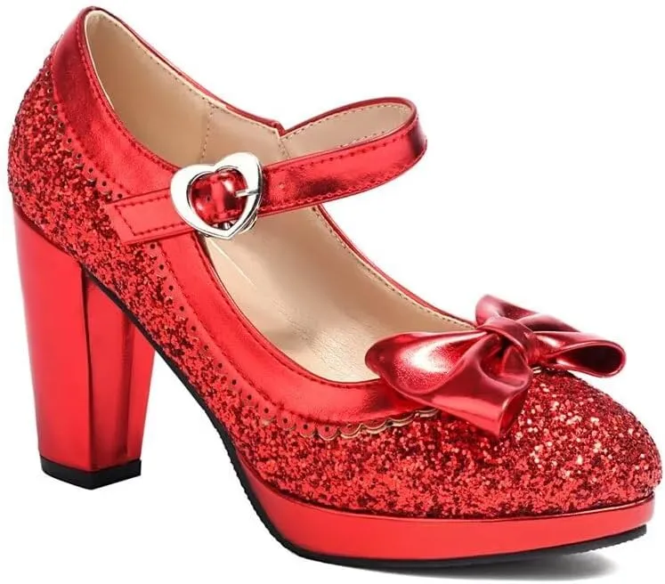 Elyffany Woman Fashion High Heeled Mary Jane Shoes Sparkly Sequins Glitter Bow Pumps