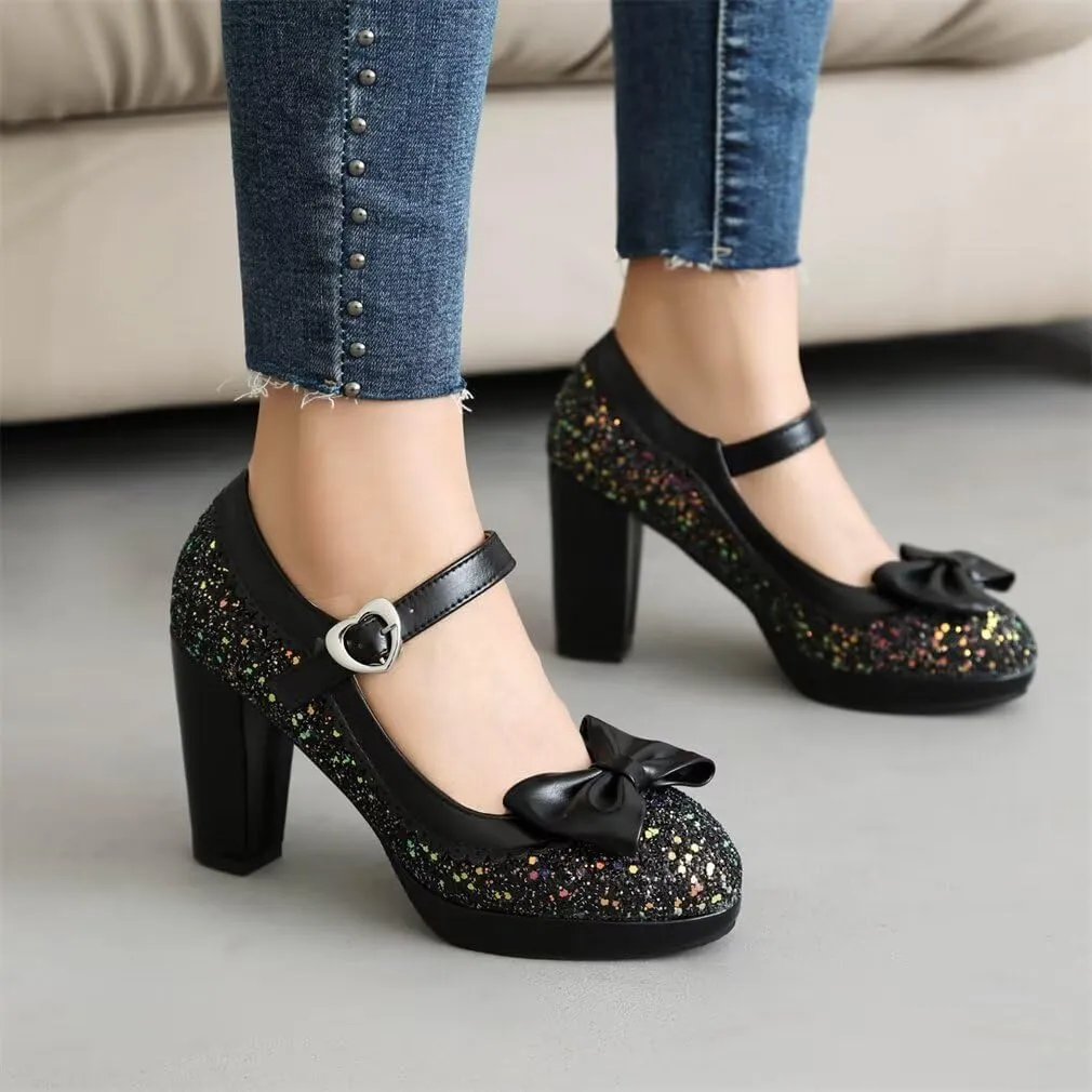Elyffany Woman Fashion High Heeled Mary Jane Shoes Sparkly Sequins Glitter Bow Pumps