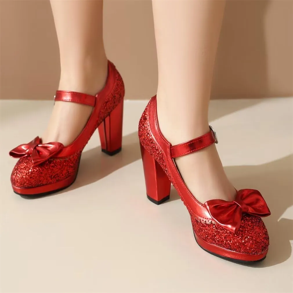 Elyffany Woman Fashion High Heeled Mary Jane Shoes Sparkly Sequins Glitter Bow Pumps