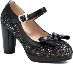 Elyffany Woman Fashion High Heeled Mary Jane Shoes Sparkly Sequins Glitter Bow Pumps