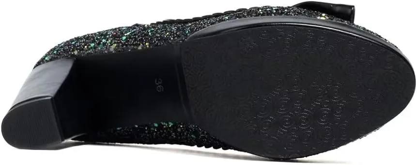 Elyffany Woman Fashion High Heeled Mary Jane Shoes Sparkly Sequins Glitter Bow Pumps