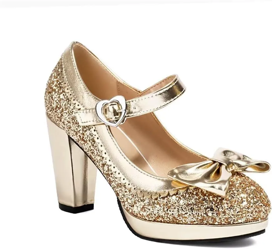 Elyffany Woman Fashion High Heeled Mary Jane Shoes Sparkly Sequins Glitter Bow Pumps