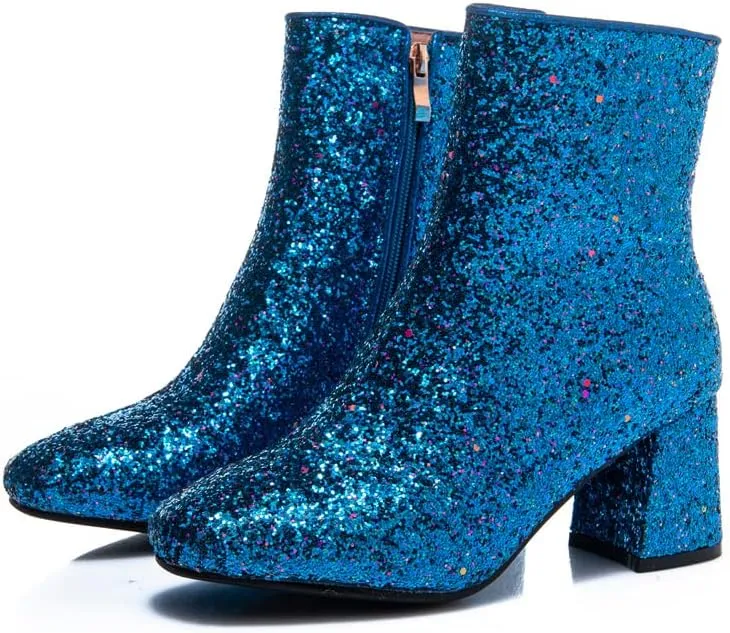 Elyffany Womens Mid Block Heel Glitter Ankle Boots Ladies Zipper Party Prom Booties