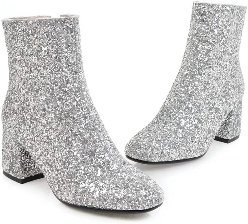 Elyffany Womens Mid Block Heel Glitter Ankle Boots Ladies Zipper Party Prom Booties