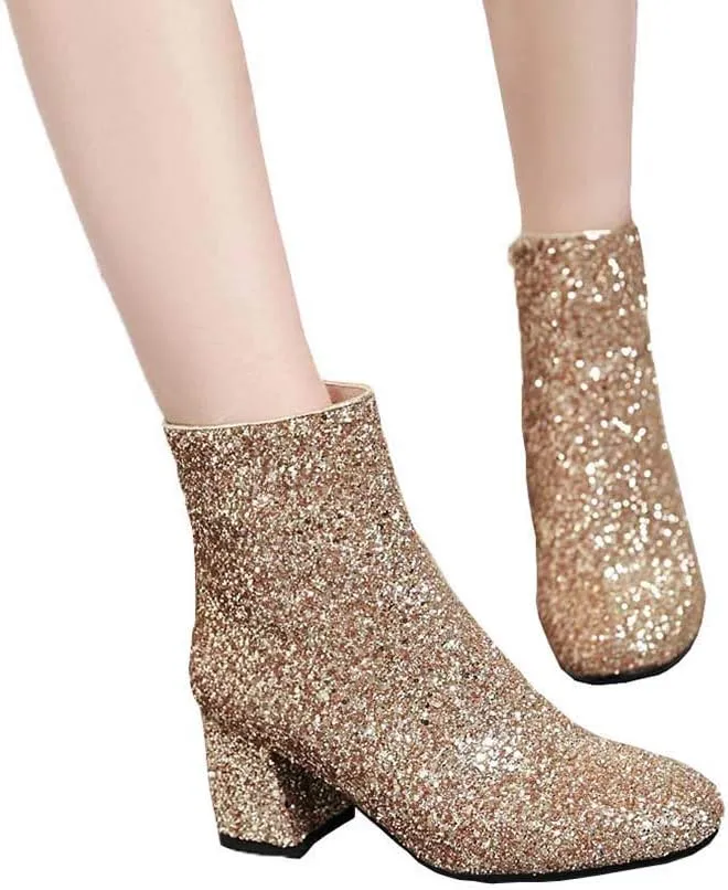 Elyffany Womens Mid Block Heel Glitter Ankle Boots Ladies Zipper Party Prom Booties