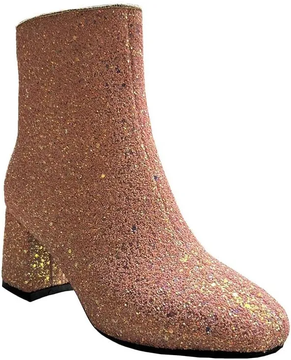 Elyffany Womens Mid Block Heel Glitter Ankle Boots Ladies Zipper Party Prom Booties