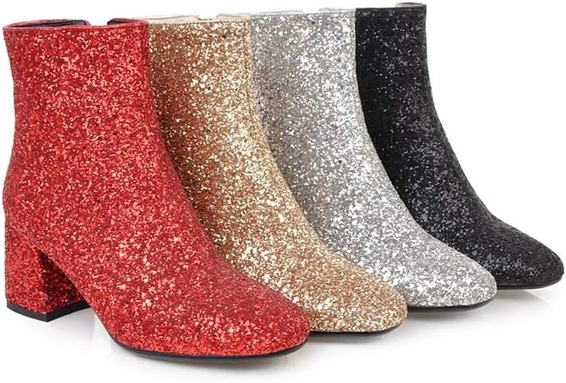 Elyffany Womens Mid Block Heel Glitter Ankle Boots Ladies Zipper Party Prom Booties