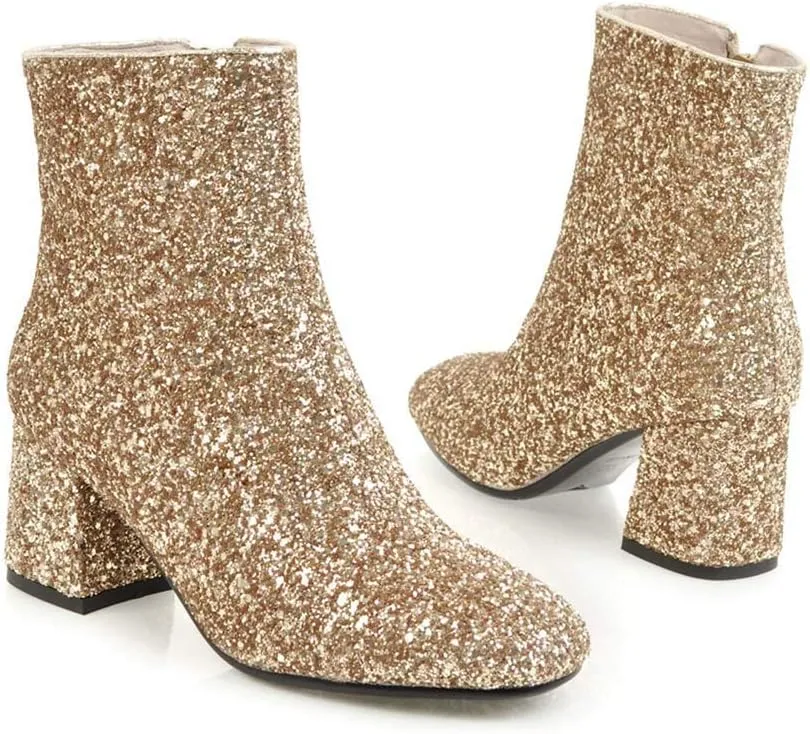 Elyffany Womens Mid Block Heel Glitter Ankle Boots Ladies Zipper Party Prom Booties