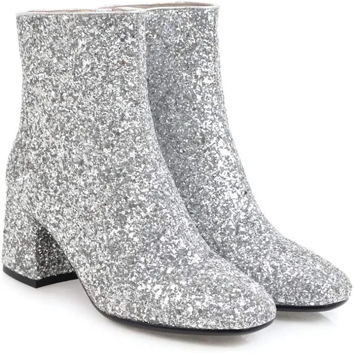Elyffany Womens Mid Block Heel Glitter Ankle Boots Ladies Zipper Party Prom Booties