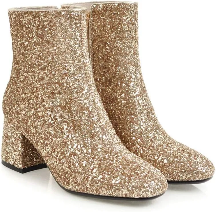 Elyffany Womens Mid Block Heel Glitter Ankle Boots Ladies Zipper Party Prom Booties
