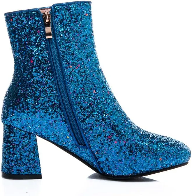 Elyffany Womens Mid Block Heel Glitter Ankle Boots Ladies Zipper Party Prom Booties