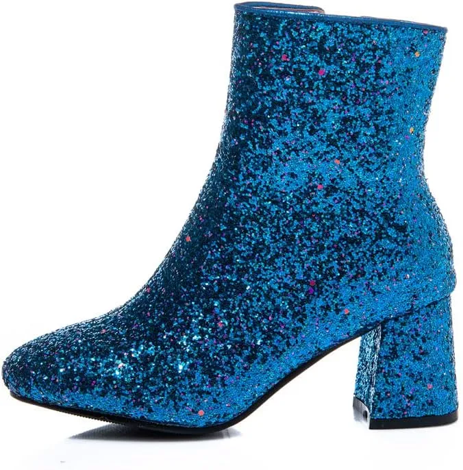 Elyffany Womens Mid Block Heel Glitter Ankle Boots Ladies Zipper Party Prom Booties