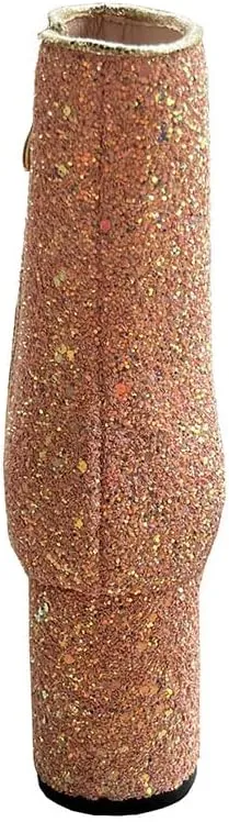 Elyffany Womens Mid Block Heel Glitter Ankle Boots Ladies Zipper Party Prom Booties