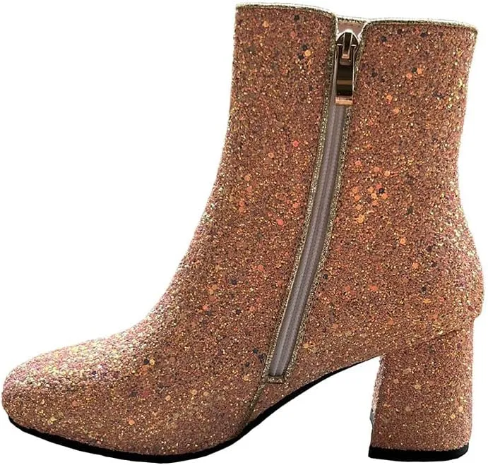 Elyffany Womens Mid Block Heel Glitter Ankle Boots Ladies Zipper Party Prom Booties