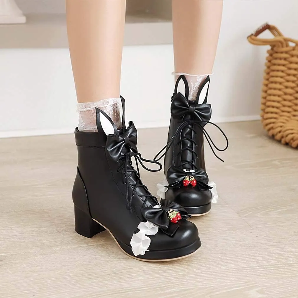 Elyffany Womens Sweet Platform Lolita Boots Chunky Heel Lace up Bow Ankle Boots