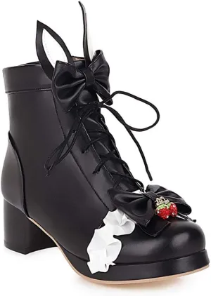 Elyffany Womens Sweet Platform Lolita Boots Chunky Heel Lace up Bow Ankle Boots